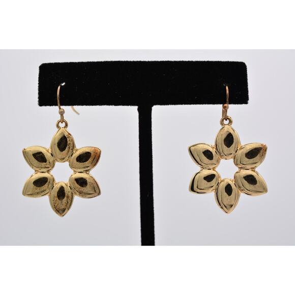 Liz Claiborne Vintage Dangle Earrings Flower Gold Tone Shiny 1990s BinU - Picture 1 of 12